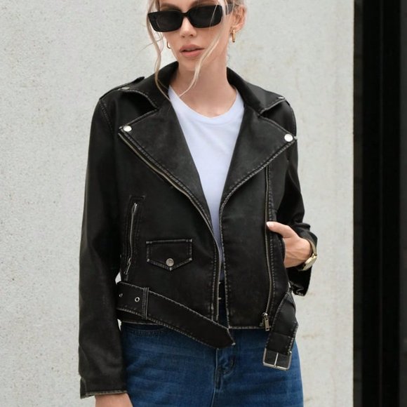 Black Casual Womens Zip Up Moto Jacket - Picture 3 of 5